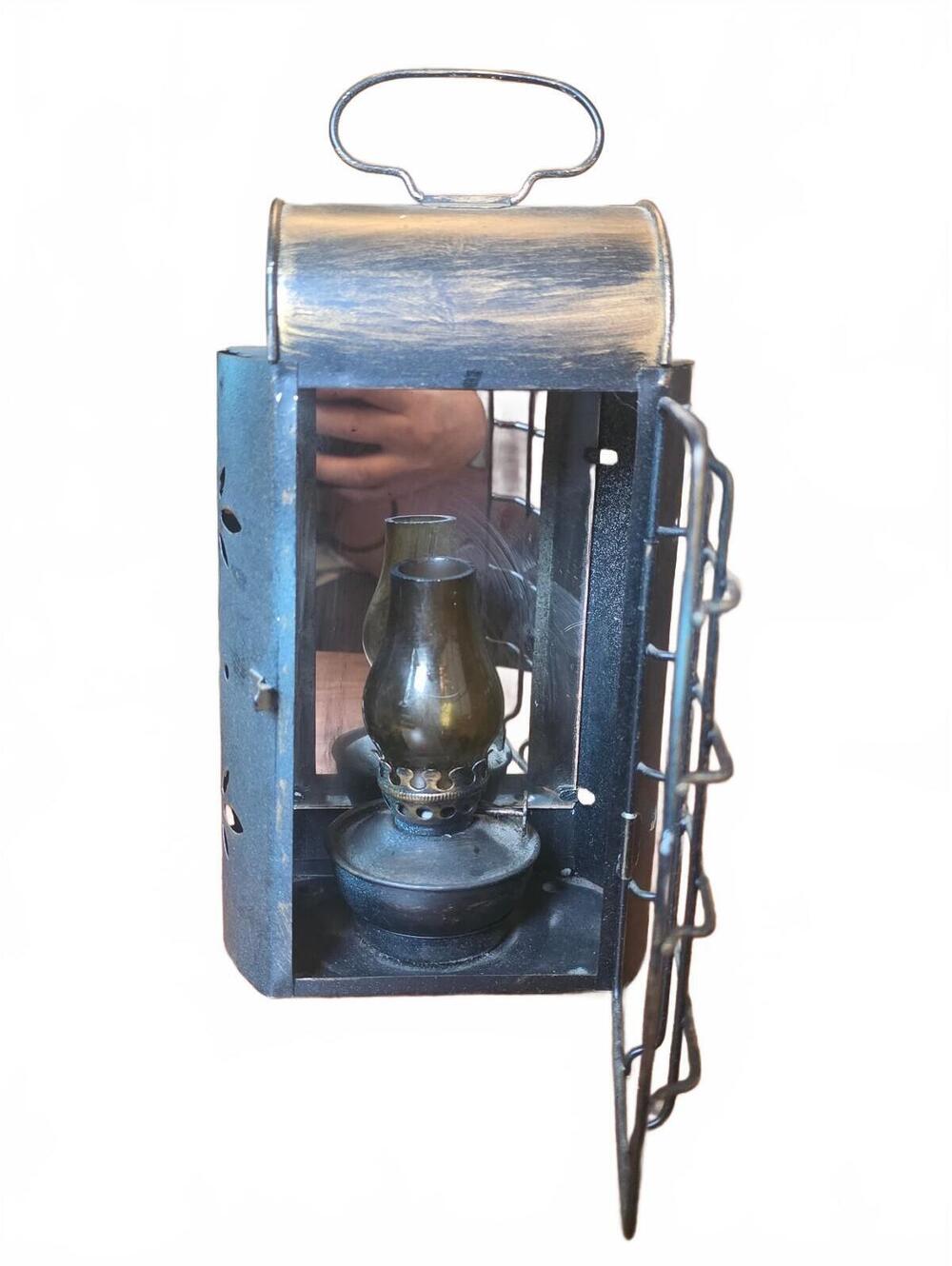 Vintage Punched Metal Lantern with Mini Oil Lamp Light